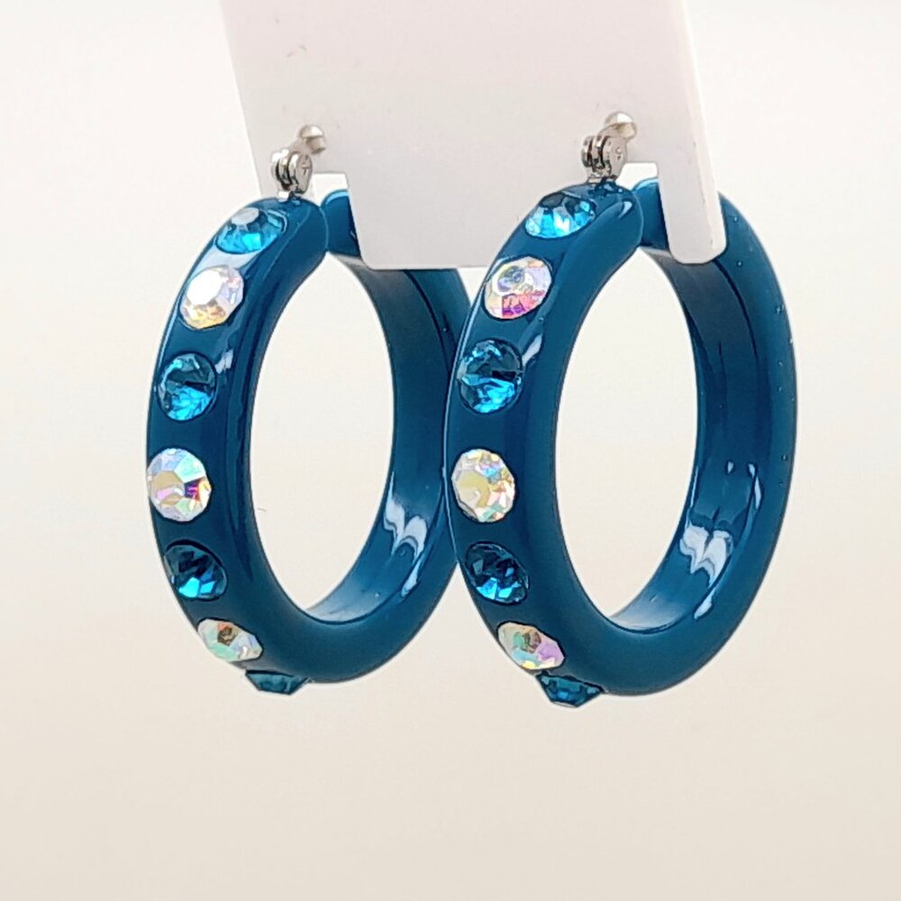 chunky dark blue zircon Lucite Acrylic wide 1.5 Hoop Latch Back Fashion Earrings